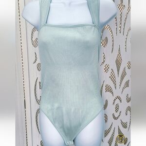 OQQ Ribbed Bodysuit Aqua Light Teal Square Neck Sleeveless One Piece NWT